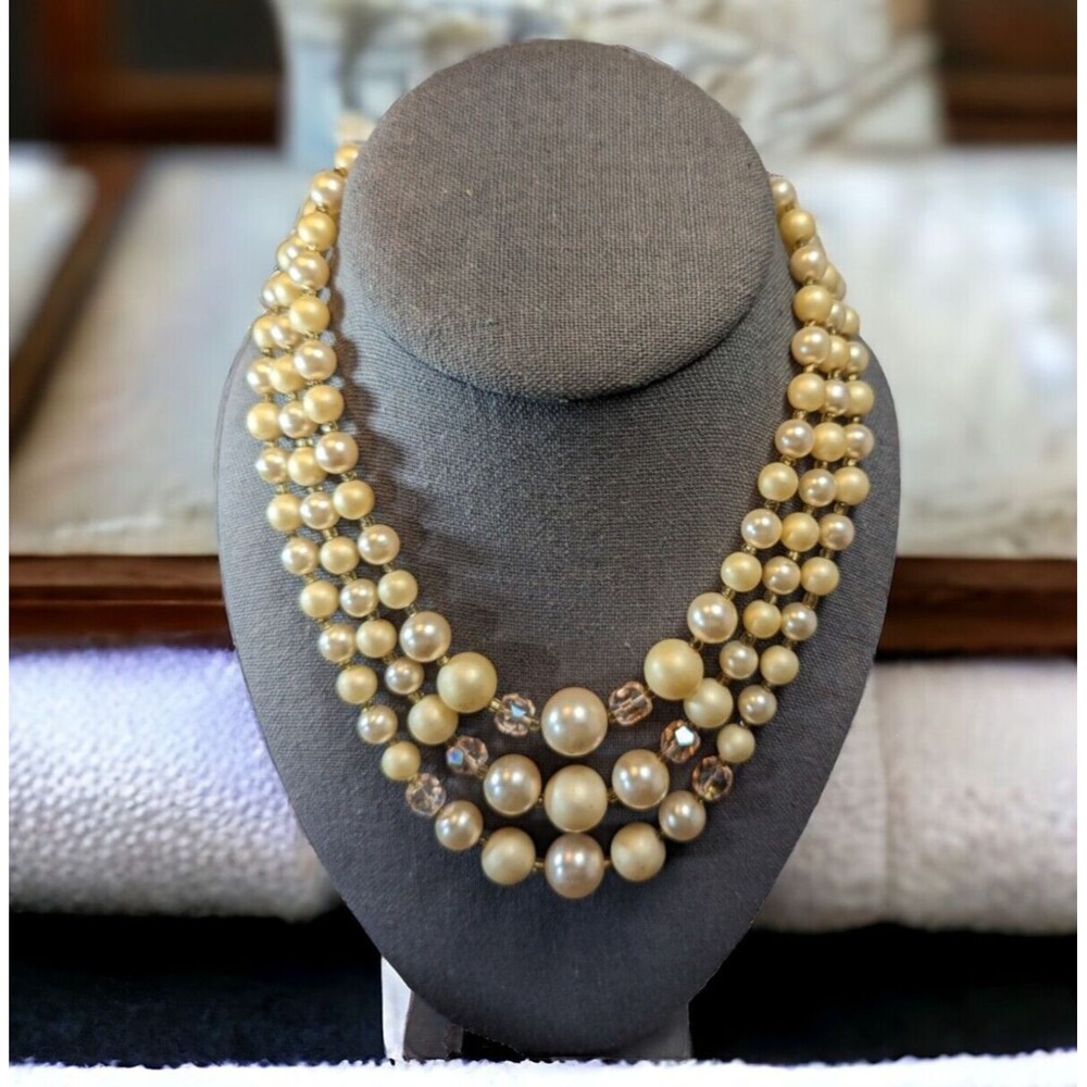 VTG Japan Triple Strand Champagne Beige Faux Graduated Pearl Costume Necklace